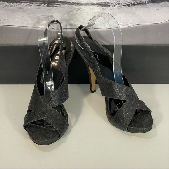 Nine West Black Glitter Sparkle Stiletto Platform Strappy Heels Sz 9 - Picture 1 of 10